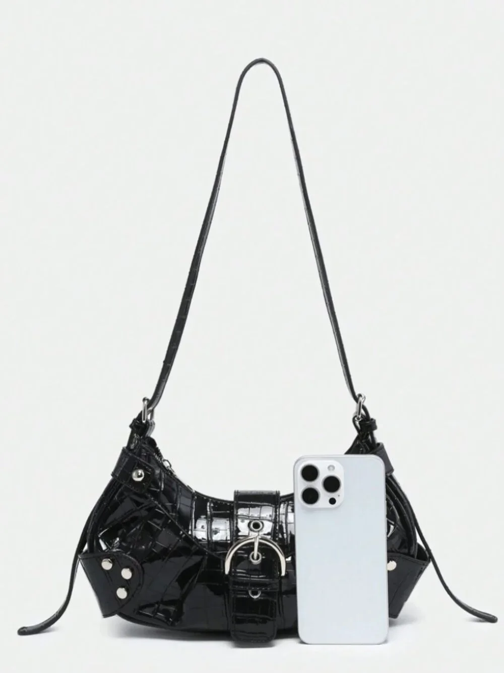 Black Studded Baguette Bag Y2K Punk Vegan Leather Zip Shoulder Purse